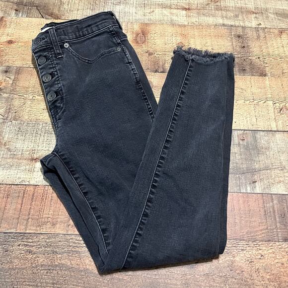 Madewell | Black Denim Button Fly Raw Hem 10" High Rise Skinny Jeans Sz 27 - Picture 1 of 4